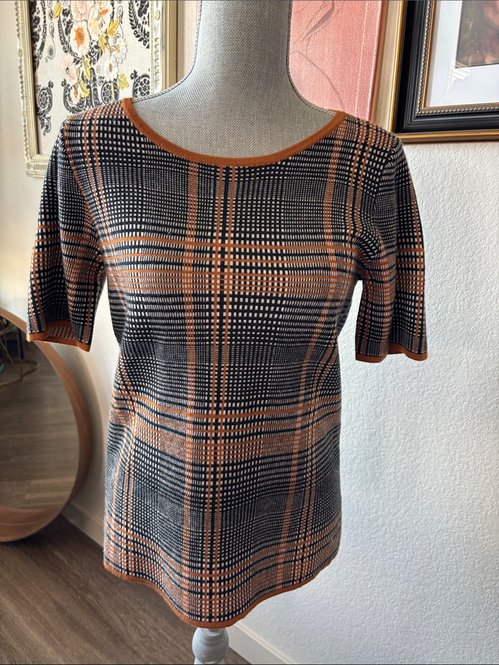 Ann Taylor Black & Orange Plaid Short-Sleeve Sweater